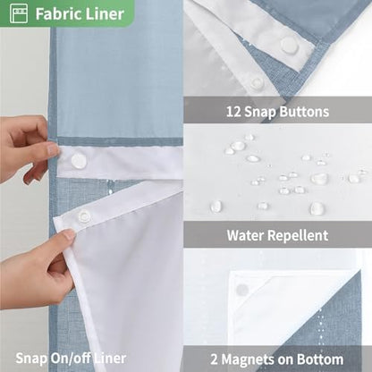eachope Boho Farmhouse No Hook Shower Curtain Set with Snap-in Fabric Liner,Heavy-Duty Linen Textured Rustic Striped Design,Water-Repellent with Tassels and Sheer Window,Blue,71x74