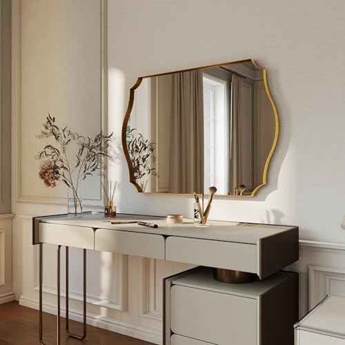Gold Vanity Wall Mirror 36"x24", Scalloped Edge Bathroom Mirror