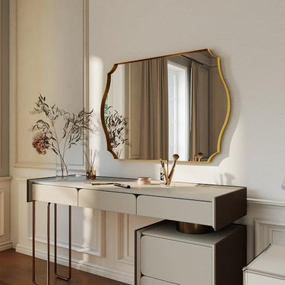 Gold Vanity Wall Mirror 36"x24", Scalloped Edge Bathroom Mirror