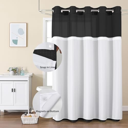 Colorful Star Black No Hook Waffle Shower Curtain with Liner, 72 x 81 Inch
