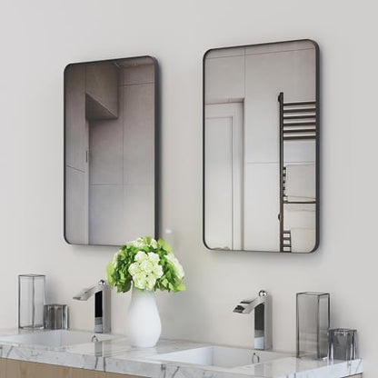 VocalStar Black Metal Framed Bathroom Mirror for Wall, 16 x 24 Inch Rounded Rectangle Matte Black Bathroom Vanity Mirror Farmhouse, 1/4-inch Shatterproof Glass | Ultra-Flush Hanging