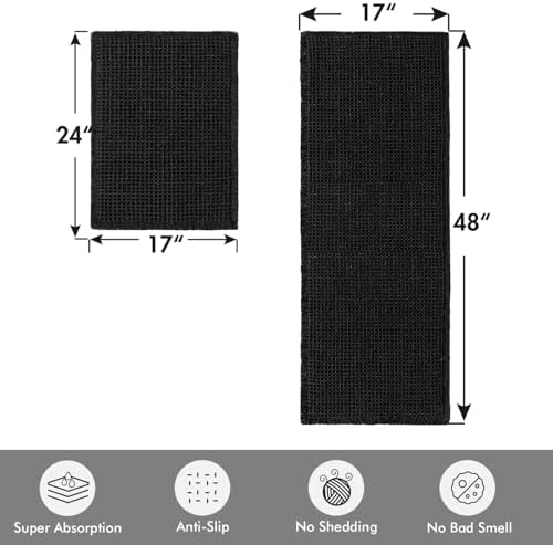 MIULEE Set of 2 Waffle Bathroom Rugs Boho Bath Mat Black 17"x24"+17"x48"
