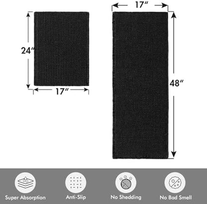 MIULEE Set of 2 Waffle Bathroom Rugs Boho Bath Mat Black 17"x24"+17"x48"