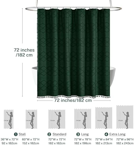Siiluminisoy Dark Green Boho Shower Curtain Woven Fabric Cute Shower Curtain, 72 x 72 Tufted Chevron Textured Striped Modern Farmhouse Minimalist Cloth Shower Curtains for Bathroom