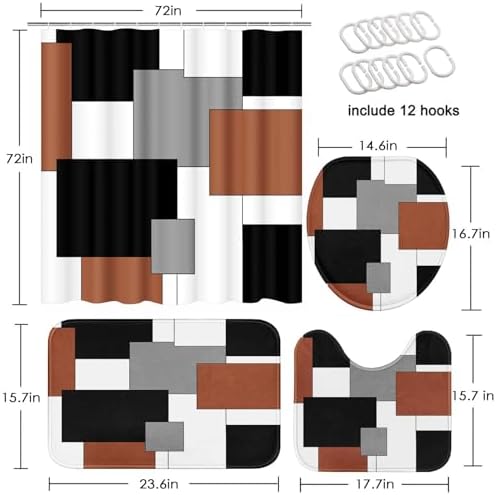 Bathroom Sets with Shower Curtain and Rugs, 4 Pcs, Geometric Modern