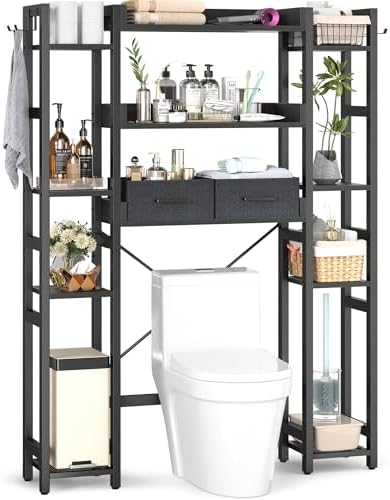 Besiost Over The Toilet Storage, 11 Tier Bathroom Organizer with Dual Side Racks and 2 Fabric Drawers, Adjustable Freestanding Rack Space Saver for Small Spaces, Black