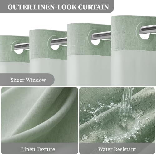 BTTN Sage Green Ringless Linen Look Shower Curtain with Snap in Liner 72x75