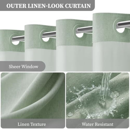 BTTN Sage Green Ringless Linen Look Shower Curtain with Snap in Liner 72x75