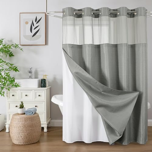 Colorful Star Waffle Weave No Hook Shower Curtain Set, 72 x 81 Inch, Grey