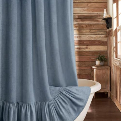 Farmhouse Shower Curtain Ruffle Linen Flax Blue Grey 72" W x 72" L