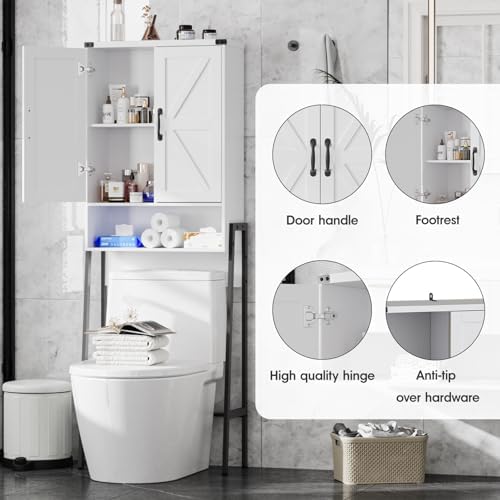 Vabches Over The Toilet Storage Cabinet with 2-Door Design Bathroom Organizers and Storage with Anti-Tip Device Over Toilet Organizer with Shelves for Bathroom,Restroom,Laundry White