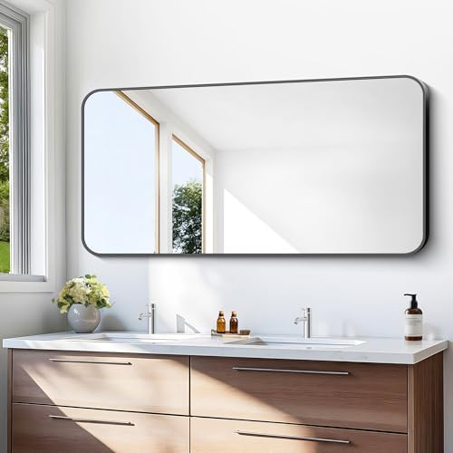 BONEWEI 24x48 inch Bathroom Mirror,Black Rectangle Mirror,Wall Mounted Bathroom Frame Vanity Mirror with Round Corner for Bedroom Living Room, Entryway Hangs Horizontal or Vertical