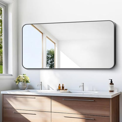 BONEWEI 24x48 inch Bathroom Mirror,Black Rectangle Mirror,Wall Mounted Bathroom Frame Vanity Mirror with Round Corner for Bedroom Living Room, Entryway Hangs Horizontal or Vertical