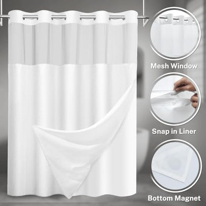 SORTTO No Hook Waffle Shower Curtain with Snap in Liner Set, 54x74, White