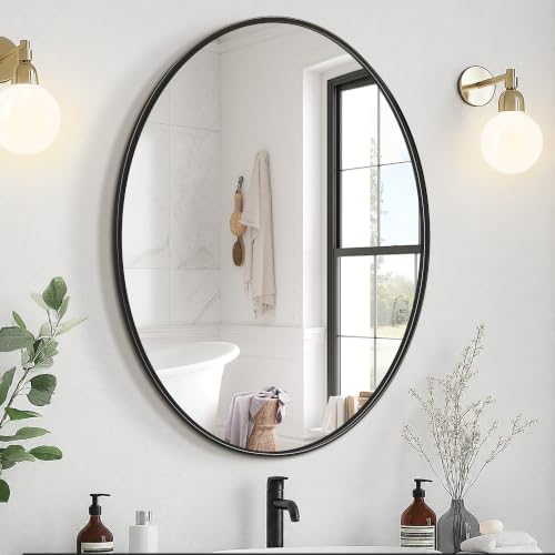 Delma 28x22 Black Oval Bathroom Mirror for Over Sink, Aluminum Frame