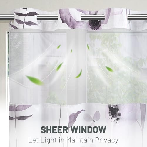 WITHLOC No Hook Floral Shower Curtain with Liner, Plum, 71x74