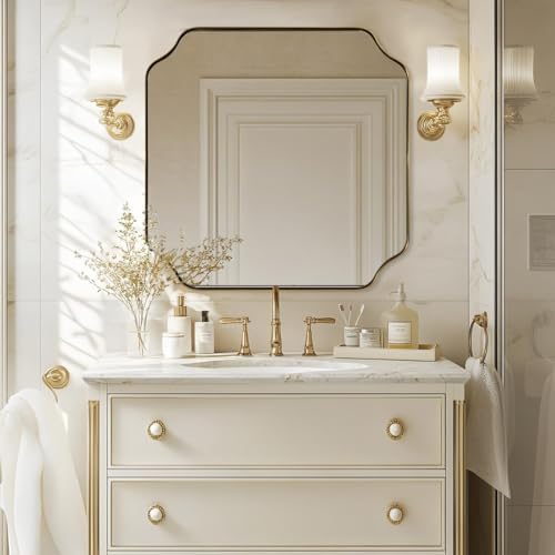 ANDY STAR 30"x30" Square Bathroom Mirror, Brushed Gold Scalloped Mirror for Wall, Antique Brass Mirror with Designer-Crafted Rounded Notched Corners, Ideal for Home Remodel
