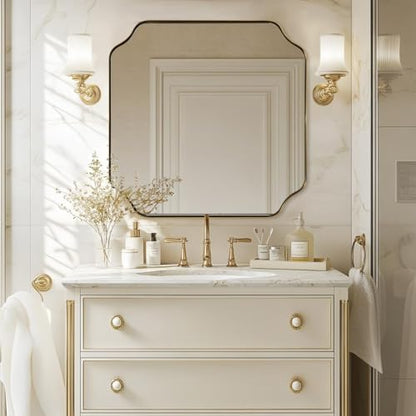 ANDY STAR 30"x30" Square Bathroom Mirror, Brushed Gold Scalloped Mirror for Wall, Antique Brass Mirror with Designer-Crafted Rounded Notched Corners, Ideal for Home Remodel