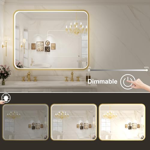 48X36 Inch LED Gold Frame Bathroom Mirror,3 Color