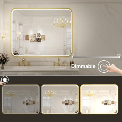 48X36 Inch LED Gold Frame Bathroom Mirror,3 Color