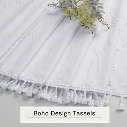 OVZME White Shower Curtain for Bathroom, Puff Printed Textured Shower Curtain with Tassels, Rustic Geometry Heavy Duty Vintage Country Bathroom Curtain, Water Resistant Fabric, 72Wx72L Inches