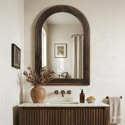 Arched Bathroom Mirror, 38"x26" Brown Wood Frame Wall Mirror