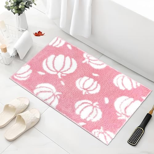 APROPHIC Fall Pumpkin Bath Mats for Bathroom, Thanksgving Super Absorbent Non-Slip Microfiber Shaggy Bath Rugs, Autumn Bathroom Mat for Shower, Tub, Sink, Decor, Machine Washable, 17x24 in, Pink