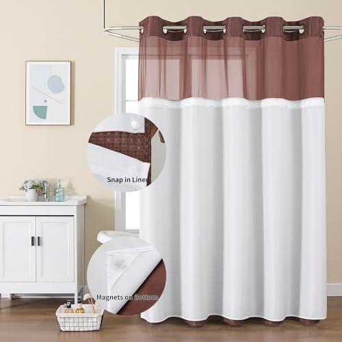 Colorful Star Waffle Weave No Hook Shower Curtain Set, 72 x 75 Inch, Brown
