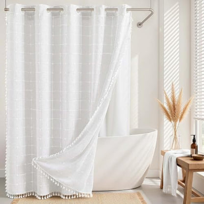 RiverDream Farmhouse No Hooks Shower Curtain with Snap-in Liner,White,71x74