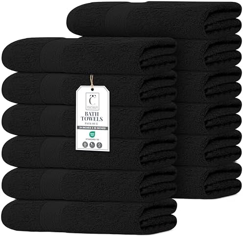 Commercial Bulk Pack of 12 Large Bath Towels – 100% Cotton Terry 24" x 50" – Ideal for Hotels, Salons, Gyms, Spas & Institutional Use – Black