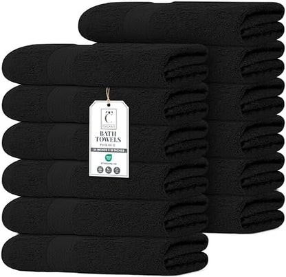 Commercial Bulk Pack of 12 Large Bath Towels – 100% Cotton Terry 24" x 50" – Ideal for Hotels, Salons, Gyms, Spas & Institutional Use – Black