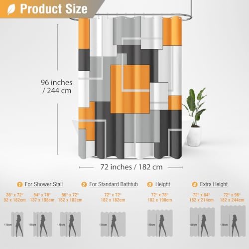 BTTN 72 x 96 Long Modern Geometric Waterproof Fabric Shower Curtain, Orange