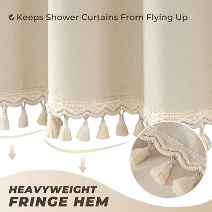 Linen Shower Curtain Boho Beige Shower Curtain with 3 Tassels 72"W x 72"L