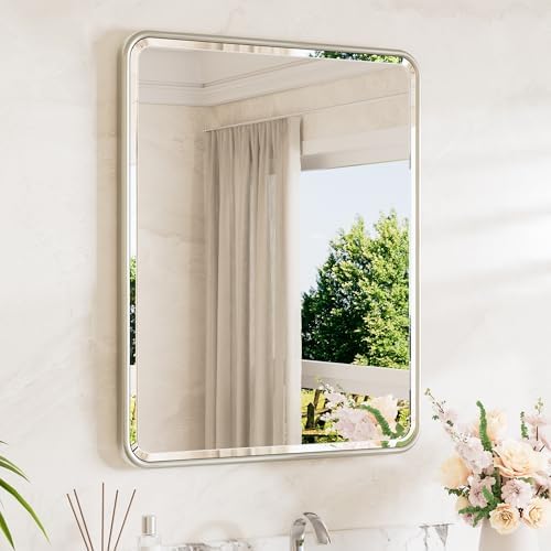 TETOTE Brushed Nickel Bathroom Mirror 24 x 30 Beveled Edge Tempered Glass, Rounded Corner Rectangle Bathroom Mirror for Over Sink for Modern Bathroom, Living Room, Bedroom, Entryway