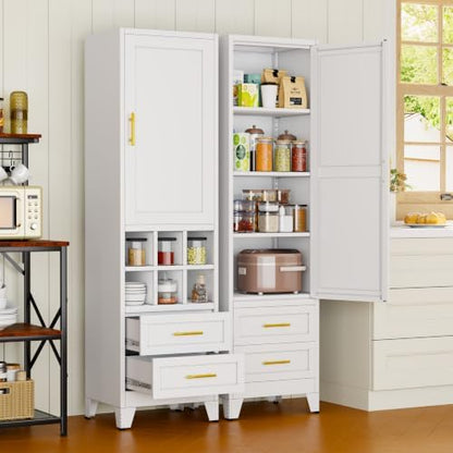 Tall Metal Narrow Storage Cabinet 67" H with 2 Drawer, White Pantry Cabinets with 3 Adjustable Shelves and Door,Tall Bathroom Cabinet for Kitchen, Home Office, Living Room, Dining Room