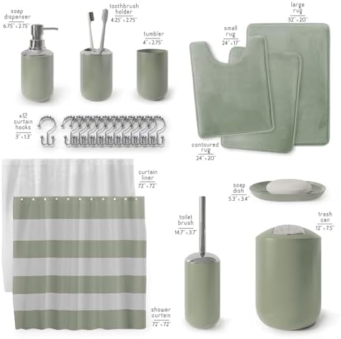 Clara Clark Bathroom Set - Sage Green Bathroom Accessories Set, Bathroom Sets with Shower Curtain and Rugs, 23PC Shower Curtain Set with Liner, Soap Dispenser, Soap Dish, and Toilet Brush Holder