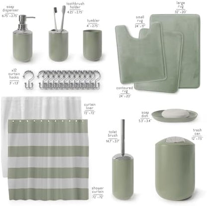 Clara Clark Bathroom Set - Sage Green Bathroom Accessories Set, Bathroom Sets with Shower Curtain and Rugs, 23PC Shower Curtain Set with Liner, Soap Dispenser, Soap Dish, and Toilet Brush Holder