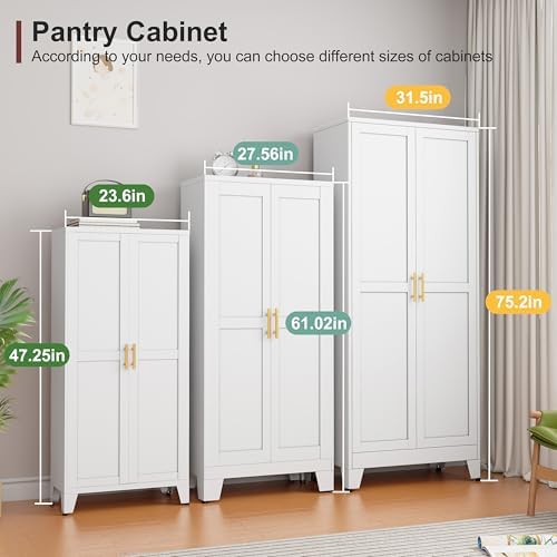 winiowa Metal Pantry Cabinet with 2 Doors and Adjustable Shelves, Kitchen Storage cabinets with Gold Handles, Versatile Storage for Laundry/Living Room,Bathroom,Dinning Room-White