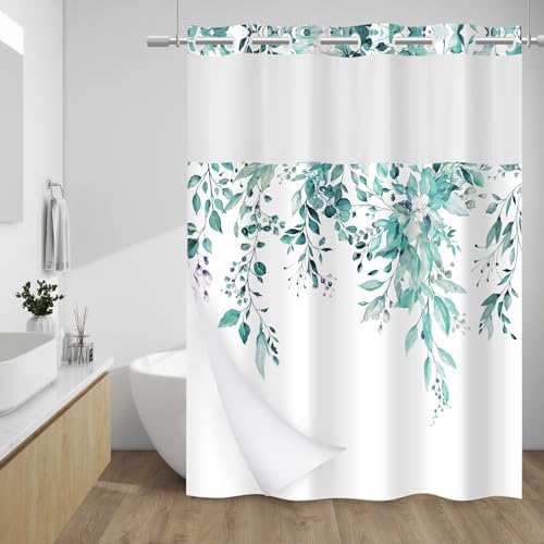 WITHLOC No Hook Shower Curtain with Liner, Eucalyptus Seaweed Green, 71x74