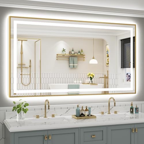 72x40 Inch LED Bathroom Mirror with Gold Frame, Backlit & Front Lit