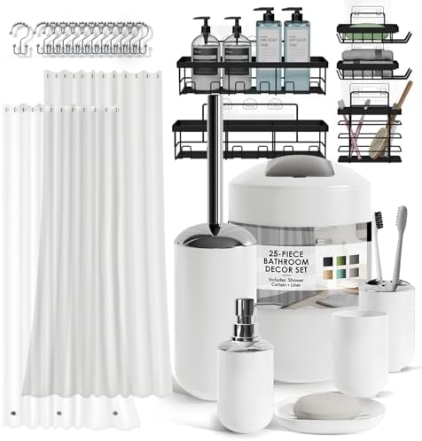 Clara Clark Bathroom Accessories Set - Bathroom Set with Adhesive Corner Shower Caddy Hanging, 25PC Bathroom Accessory Set, White Shower Curtain Set, Toilet Brush, Trash Can & Soap Dispenser