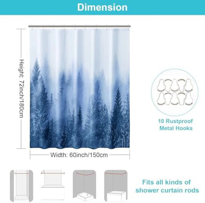 ORTIGIA 60x72 Misty Forest Stall Shower Curtain for Small Bathroom, Blue Narrow Nature Woodland Shower Curtain Set with Hooks, Waterproof Fabric Pine Tree Fog Magic Home Bath Curtain