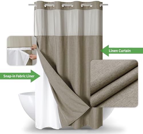 eachope No Hook Fabric Shower Curtain with Snap-in Liner,54x80 Khaki/Tan