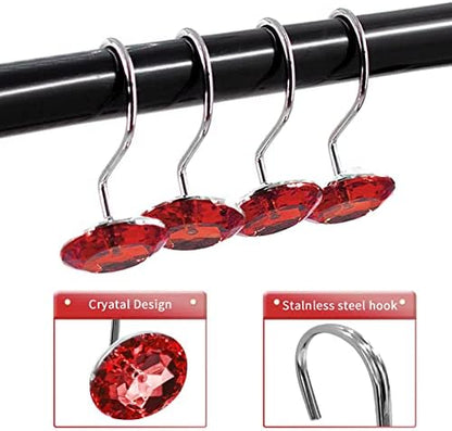 Crystal Diamond Round Shower Curtain Hooks Rings for Bathroom,Red,12PCS