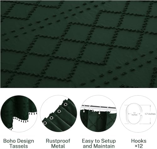 Siiluminisoy Dark Green Boho Shower Curtain Woven Fabric Cute Shower Curtain, 72 x 72 Tufted Chevron Textured Striped Modern Farmhouse Minimalist Cloth Shower Curtains for Bathroom