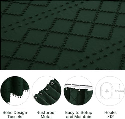 Siiluminisoy Extra Long Dark Green Boho Woven Fabric Cute Shower Curtain, 72 x 78 Tufted Chevron Textured Striped Modern Farmhouse Minimalist Cloth Shower Curtain for Bathroom