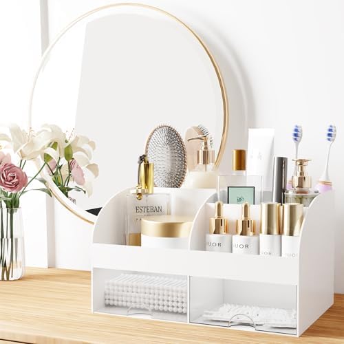 Makeup Organizer with Drawers, Cosmetic Storage for Dresser Vanity and Bathroom Countertop, Beauty Holder for Lipstick Brush, Skincare Organizer for Vanity, Cosmetic Display Case (White-2P)