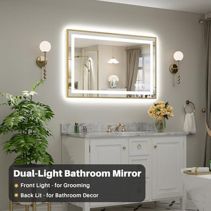 48x30 Inch LED Bathroom Mirror with Gold Frame, Backlit & Front Lit