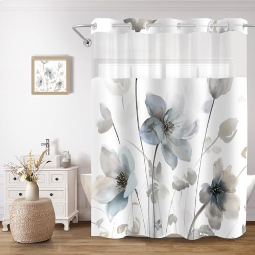 No Hook Shower Curtain and Liner Set, Blue Grey Boho Floral 71x74