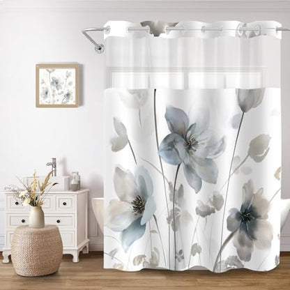 No Hook Shower Curtain and Liner Set, Blue Grey Boho Floral 71x74